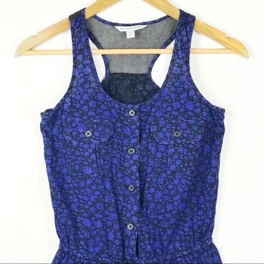 American Eagle Blue Floral Romper Button Front Mesh Racerback XXS
